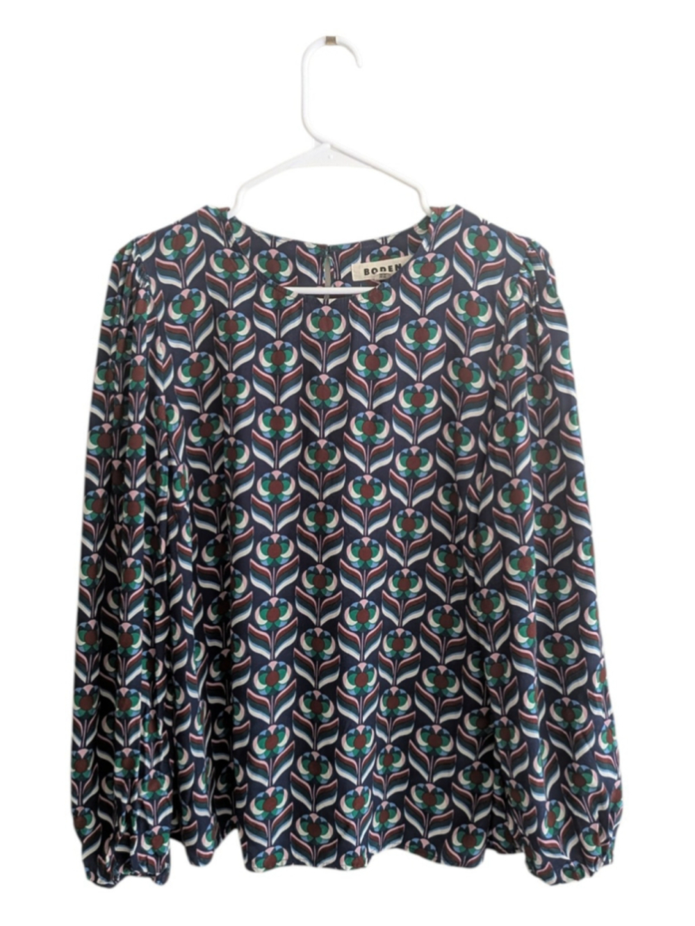 Boden Floral Geometric Print Blouse Navy Green Puff Sleeve Top US 12 - Picture 2 of 6